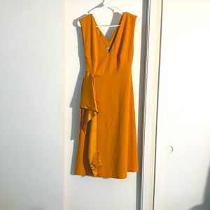 Mustard yellow gold midi sleeveless Asos dress with satin sash